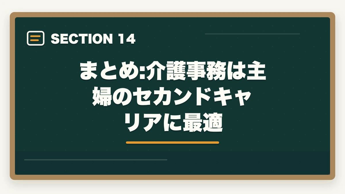 まとめ:介護事務は主婦のセカンドキャリアに最適｜介護事務は主婦に最適な資格|3ヶ月で取れて家庭と両立できる柔軟な働き方の図解