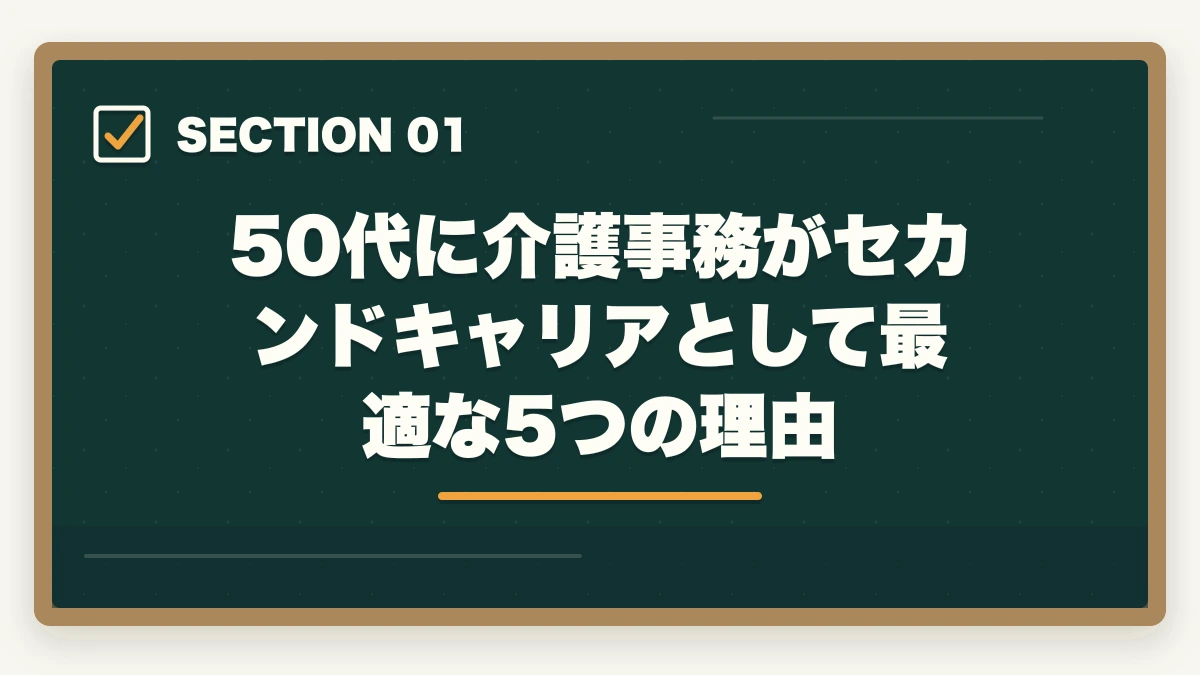 50代に介護事務がセカンドキャリアとして最適な5つの理由｜介護事務は50代未経験から始められる|セカンドキャリアに最適な5つの理由の図解