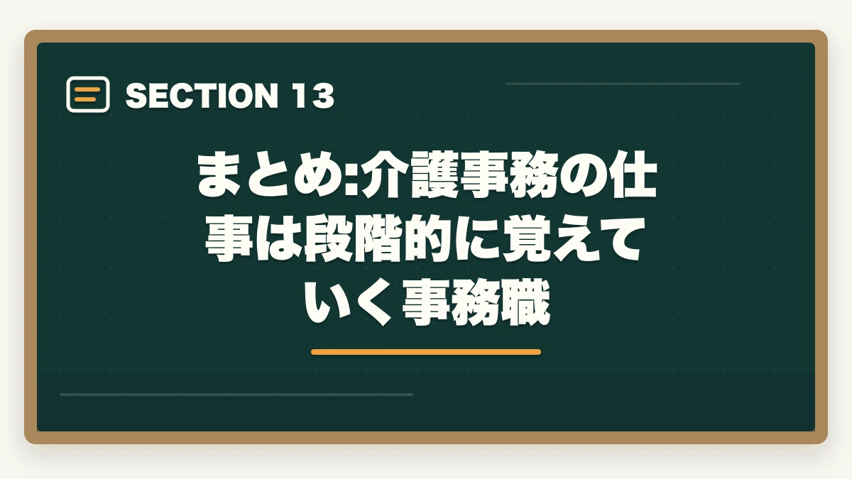 まとめ:介護事務の仕事は段階的に覚えていく事務職｜介護事務の仕事内容と1日の流れ|介護給付費請求からケアマネサポートまで完全解説の図解