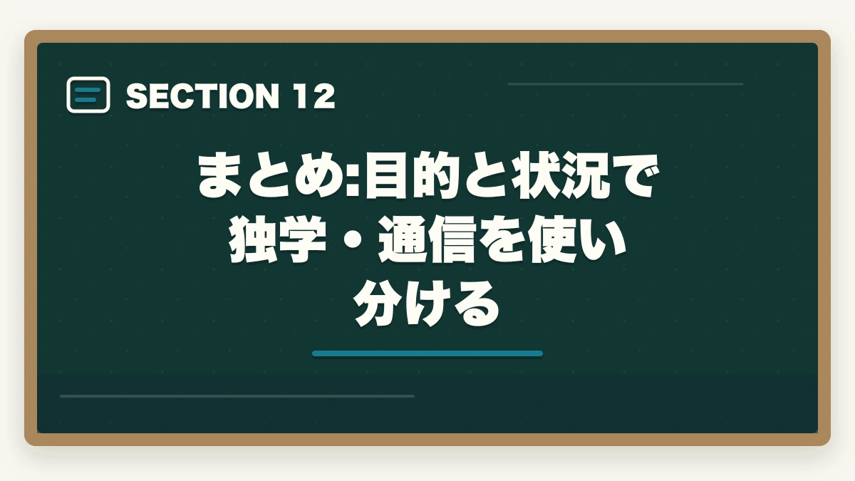 まとめ:目的と状況で独学・通信を使い分ける｜介護事務は独学で合格できる?通信講座と独学の違い|失敗しない選び方の図解