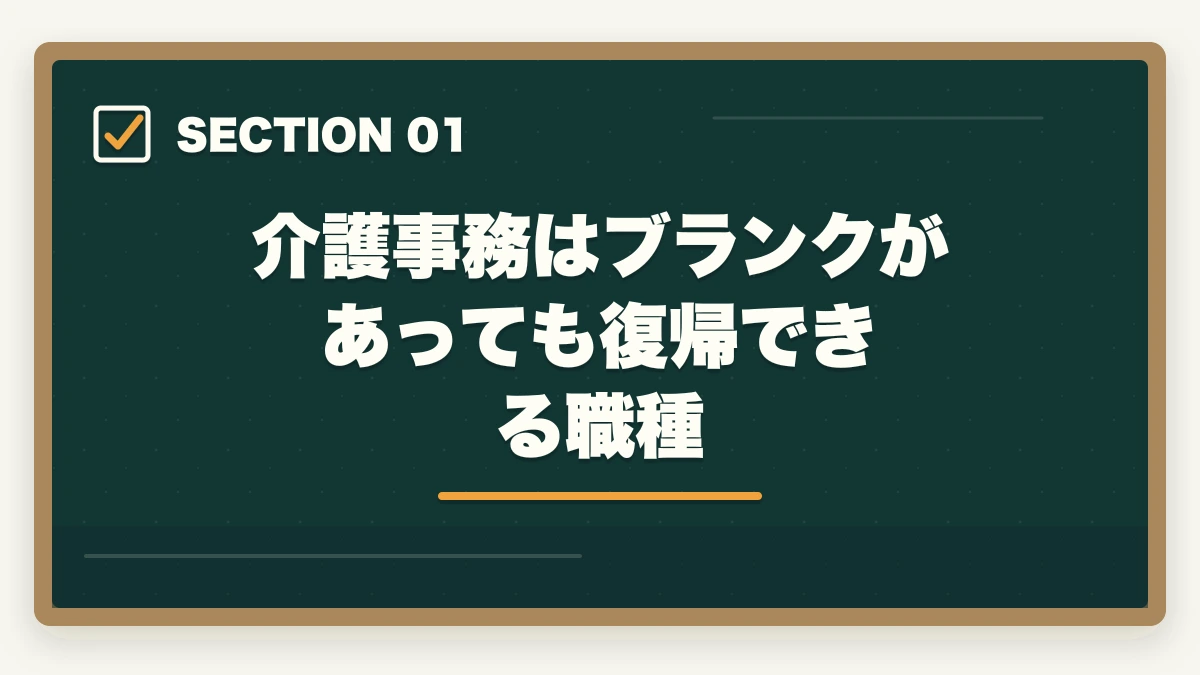 介護事務はブランクがあっても復帰できる職種｜介護事務のブランク復帰は通信講座が最短ルート|10年離れても再就職できる方法の図解