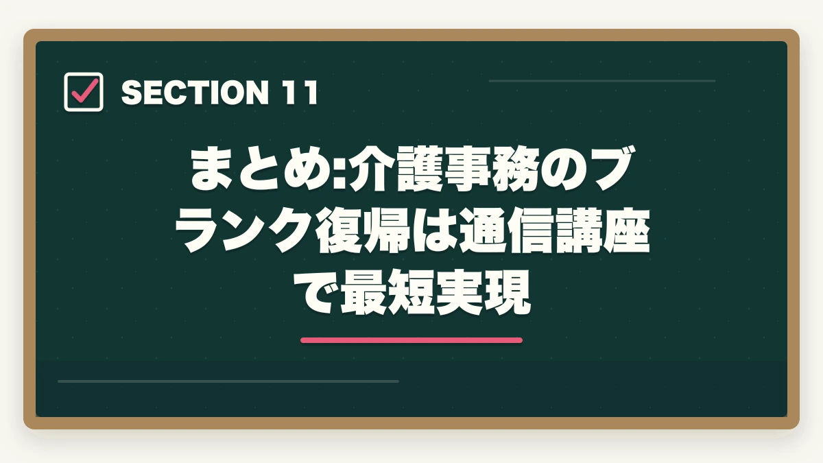 まとめ:介護事務のブランク復帰は通信講座で最短実現｜介護事務のブランク復帰は通信講座が最短ルート|10年離れても再就職できる方法の図解