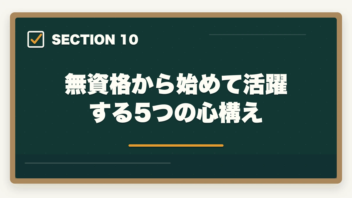 無資格から始めて活躍する5つの心構え｜介護事務は高卒・無資格でも取れる|学歴不問で挑戦できる通信講座と就職戦略の図解