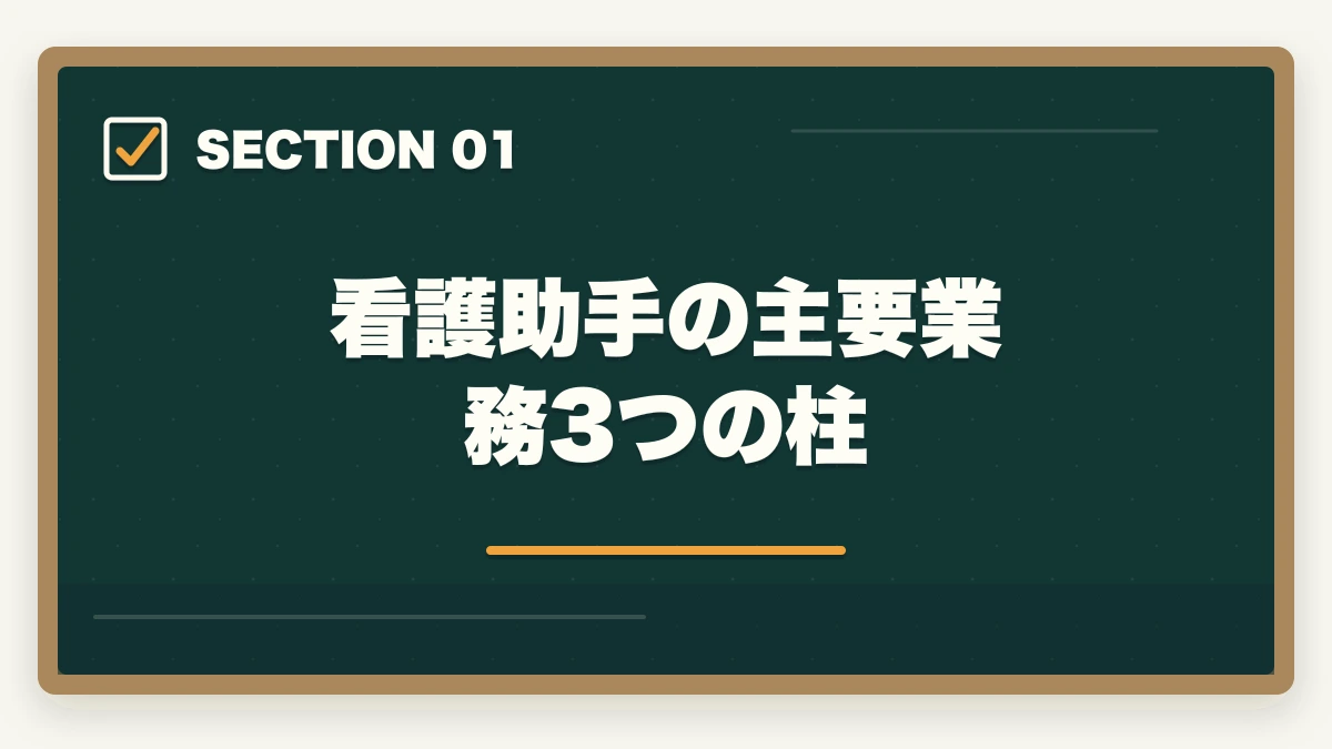 看護助手の主要業務3つの柱｜看護助手の仕事内容と1日の流れ|病室清掃から患者ケアまで業務をリアル解説の図解