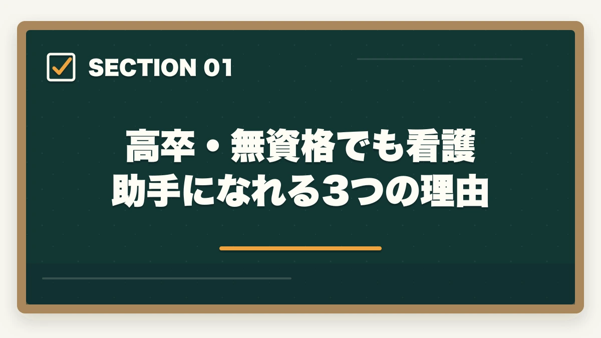 高卒・無資格でも看護助手になれる3つの理由｜看護助手は高卒・無資格でもなれる|学歴不問で医療系キャリアを始める方法の図解
