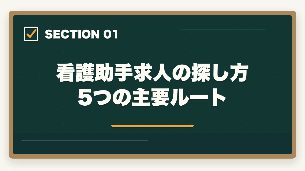看護助手求人の探し方 5つの主要ルート｜看護助手求人の探し方完全ガイド|優良求人を効率的に見つける5つのルートの図解