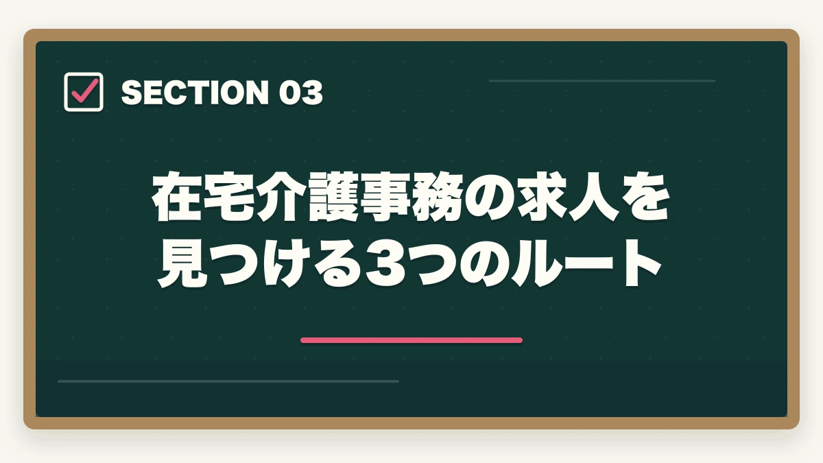 在宅介護事務の求人を見つける3つのルート｜介護事務は在宅ワーク可能?リモート求人の探し方と必要なPCスキル完全ガイドの図解