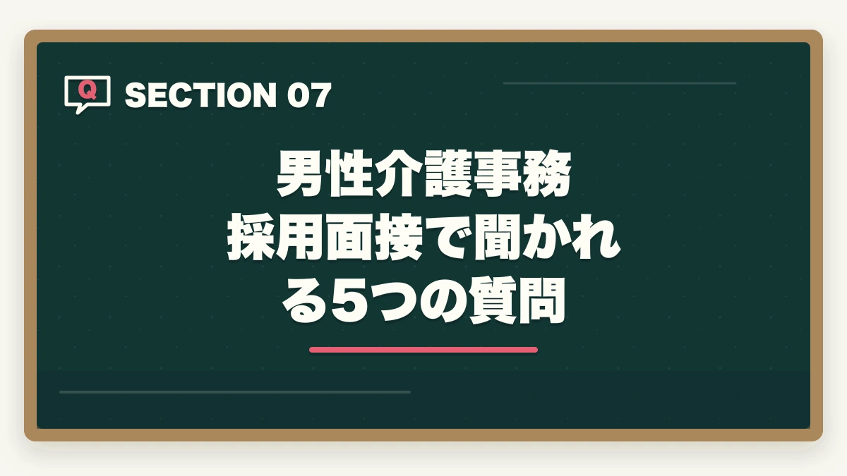 男性介護事務 採用面接で聞かれる5つの質問｜介護事務は男性でもなれる|管理職候補として活躍する3つの強みと年収アップ術の図解