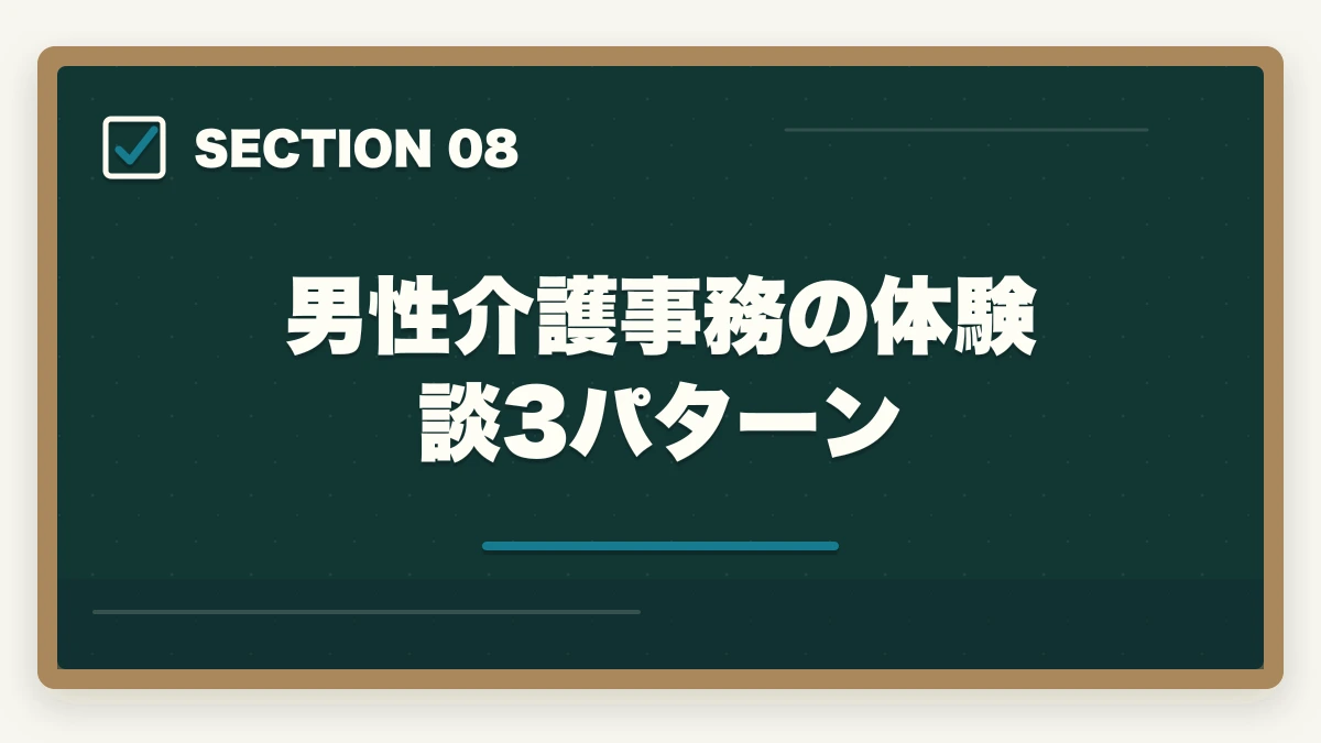 男性介護事務の体験談3パターン｜介護事務は男性でもなれる|管理職候補として活躍する3つの強みと年収アップ術の図解