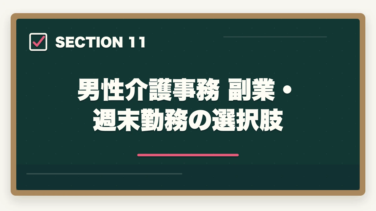 男性介護事務 副業・週末勤務の選択肢｜介護事務は男性でもなれる|管理職候補として活躍する3つの強みと年収アップ術の図解