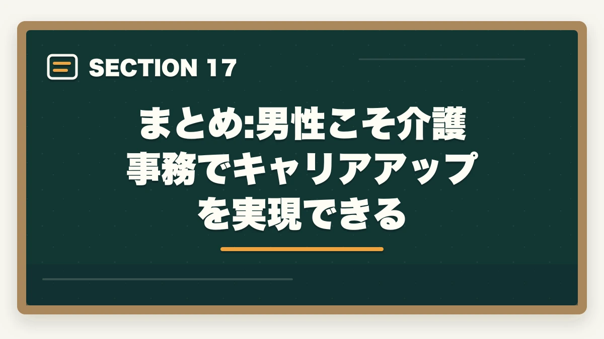 まとめ:男性こそ介護事務でキャリアアップを実現できる｜介護事務は男性でもなれる|管理職候補として活躍する3つの強みと年収アップ術の図解