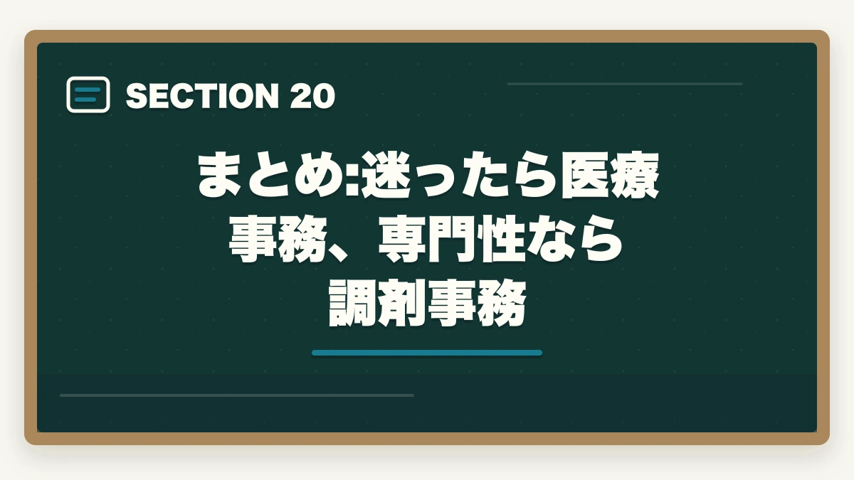 まとめ:迷ったら医療事務、専門性なら調剤事務｜医療事務と調剤事務はどっちが良い?5つの軸で徹底比較|あなたに向いているのはこっちの図解