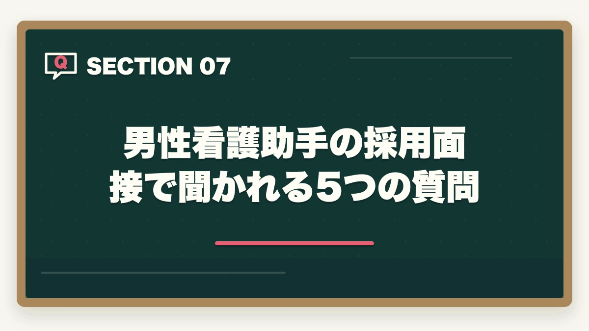 男性看護助手の採用面接で聞かれる5つの質問｜看護助手は男性でも活躍できる|管理職候補と高時給夜勤を狙う3つの強みの図解