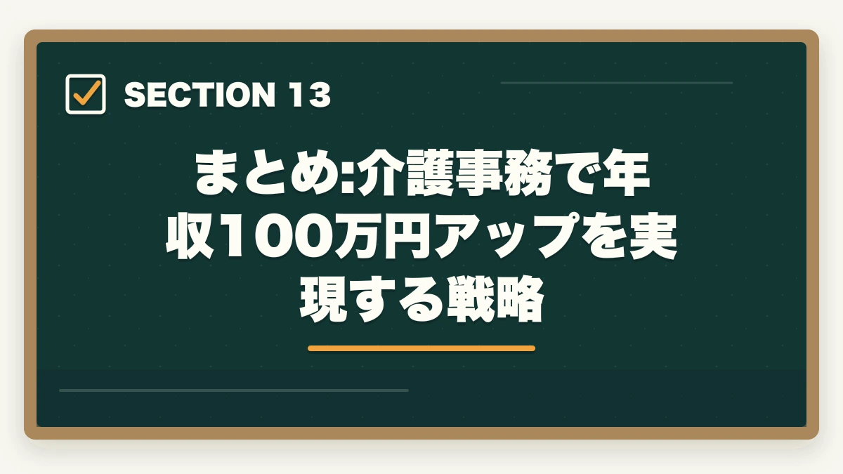 まとめ:介護事務で年収100万円アップを実現する戦略｜介護事務で給料アップする転職戦略|年収100万円アップを実現する5つのステップの図解