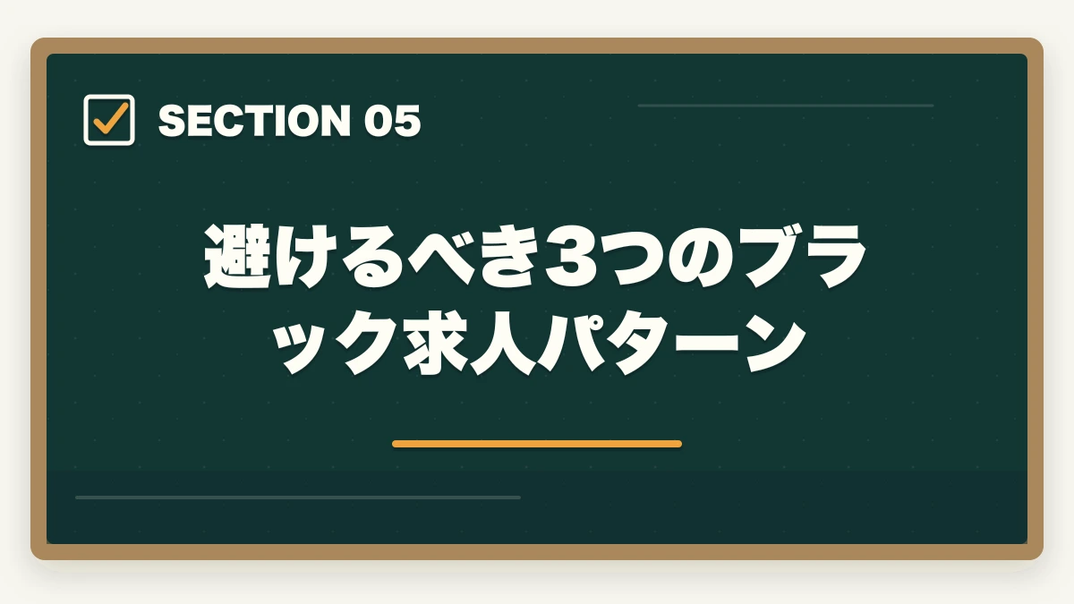 避けるべき3つのブラック求人パターン｜ケアマネジャー求人の探し方完全ガイド|優良求人を効率的に見つける5つのルートの図解