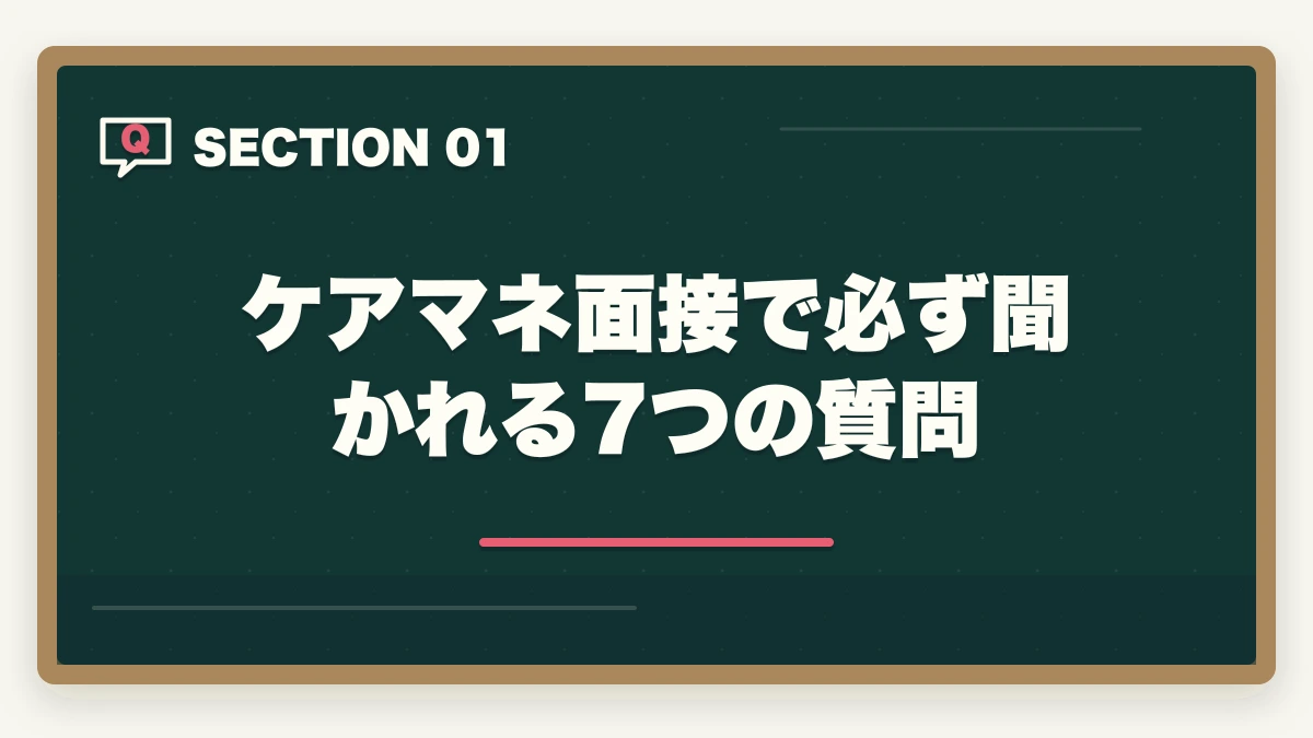 ケアマネ面接で必ず聞かれる7つの質問｜ケアマネジャー面接で必ず聞かれる7つの質問と回答例|内定獲得の対策完全ガイドの図解
