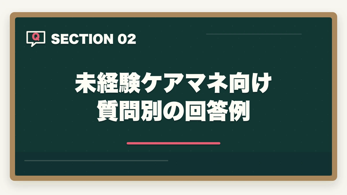 未経験ケアマネ向け 質問別の回答例｜ケアマネジャー面接で必ず聞かれる7つの質問と回答例|内定獲得の対策完全ガイドの図解
