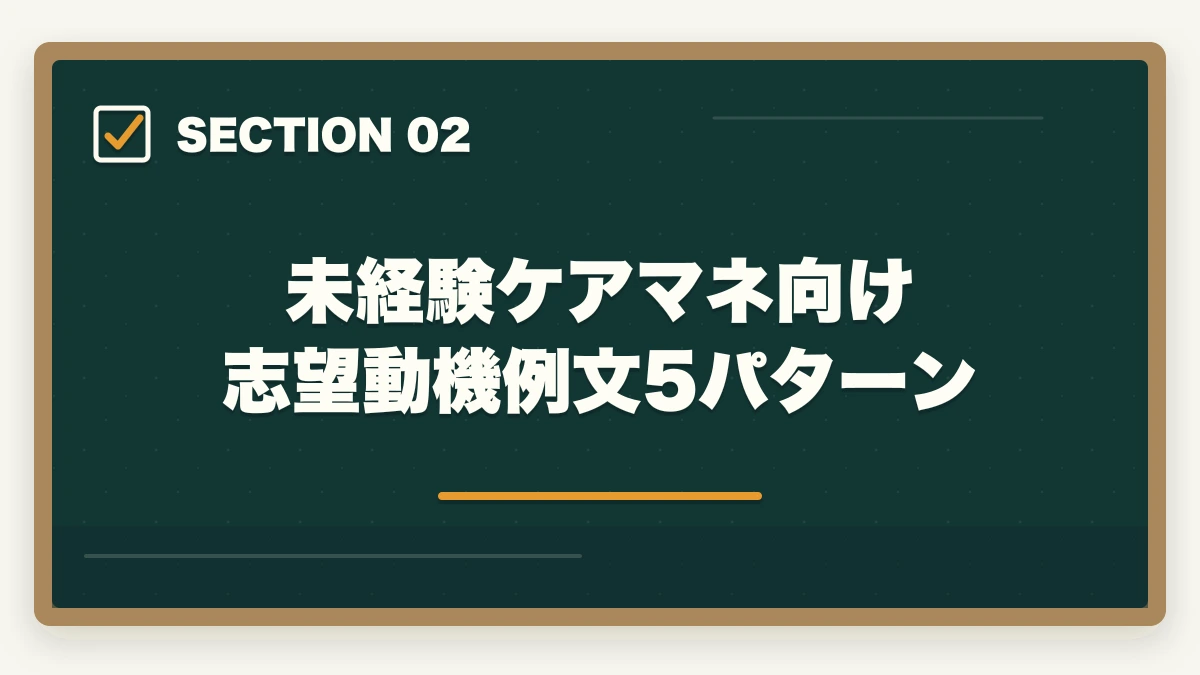 未経験ケアマネ向け 志望動機例文5パターン｜ケアマネジャーの履歴書・志望動機の書き方完全ガイド|未経験でも書類選考を通過する5つのコツの図解