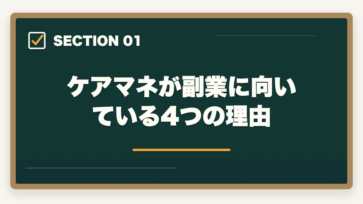 ケアマネが副業に向いている4つの理由｜ケアマネジャーはダブルワーク・副業に最適|本業と両立して月5〜10万円稼ぐ完全ガイドの図解