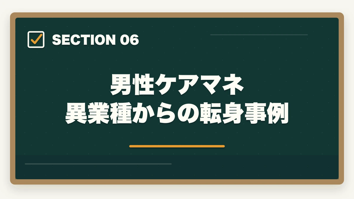 男性ケアマネ 異業種からの転身事例｜ケアマネジャーは男性でも活躍できる|管理職候補と独立開業を狙う3つの強みの図解