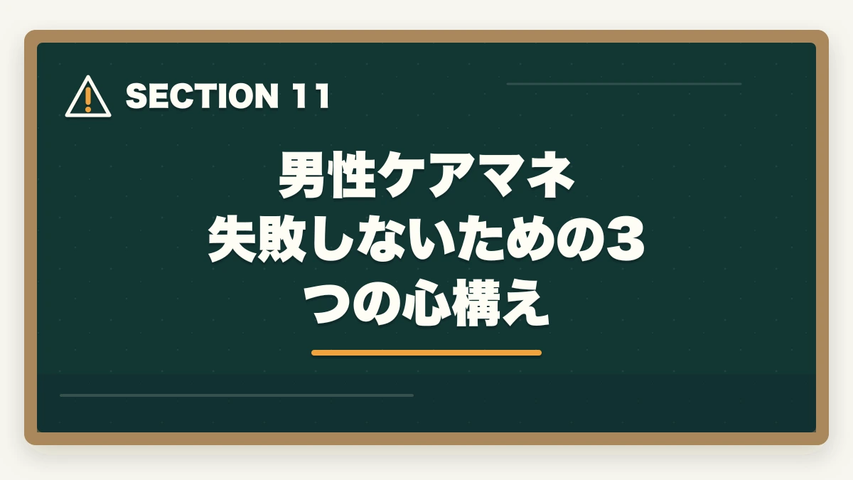 男性ケアマネ 失敗しないための3つの心構え｜ケアマネジャーは男性でも活躍できる|管理職候補と独立開業を狙う3つの強みの図解