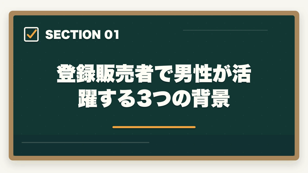 登録販売者で男性が活躍する3つの背景｜登録販売者は男性でも活躍できる|店舗管理者と高時給夜勤で年収500万円を狙うの図解