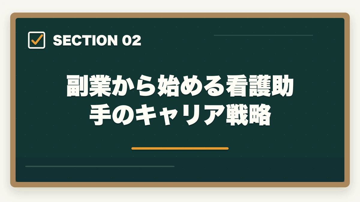 副業から始める看護助手のキャリア戦略｜看護助手は副業ダブルワークと相性抜群|月3〜8万円稼ぐ5パターンと両立術の図解