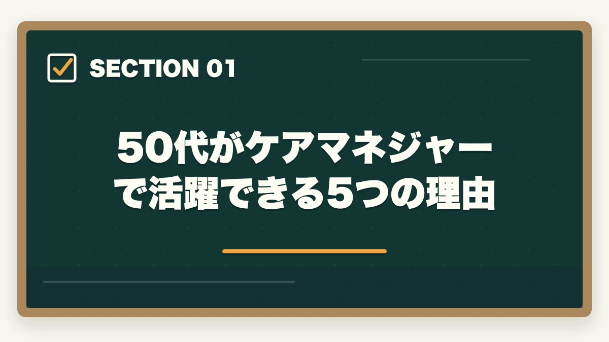 50代がケアマネジャーで活躍できる5つの理由｜50代シニアの再就職にケアマネジャー|未経験から70歳まで現役で働く完全ロードマップの図解