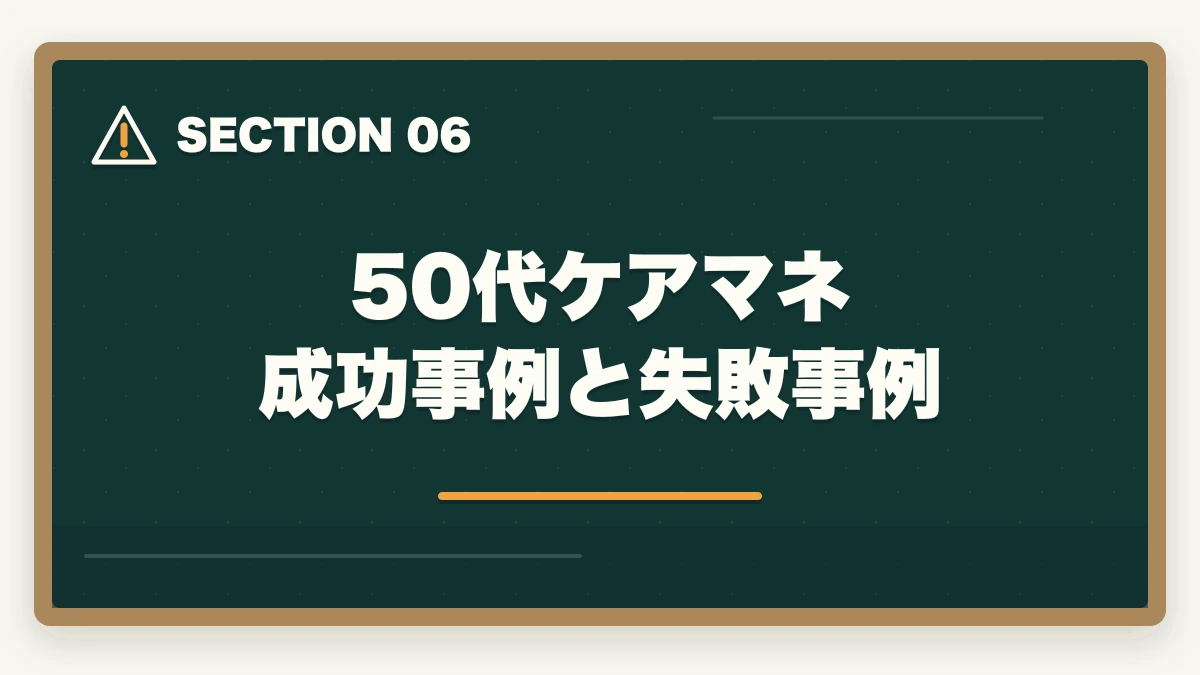 50代ケアマネ 成功事例と失敗事例｜50代シニアの再就職にケアマネジャー|未経験から70歳まで現役で働く完全ロードマップの図解