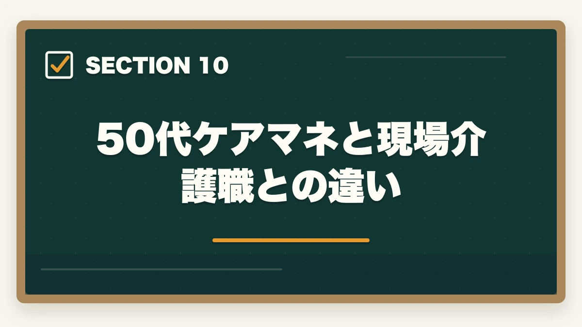 50代ケアマネと現場介護職との違い｜50代シニアの再就職にケアマネジャー|未経験から70歳まで現役で働く完全ロードマップの図解