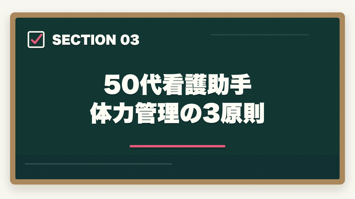 50代看護助手 体力管理の3原則｜50代シニアの再就職に看護助手|未経験から70歳まで現役で働く完全ロードマップの図解