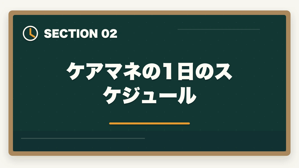 ケアマネの1日のスケジュール｜介護事務vsケアマネジャー|資格・年収・キャリアパスの違いを徹底比較の図解