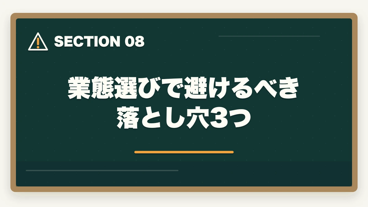 業態選びで避けるべき落とし穴3つ｜ケアマネジャーの3業態徹底比較|居宅・施設・地域包括の年収と働き方の違いの図解