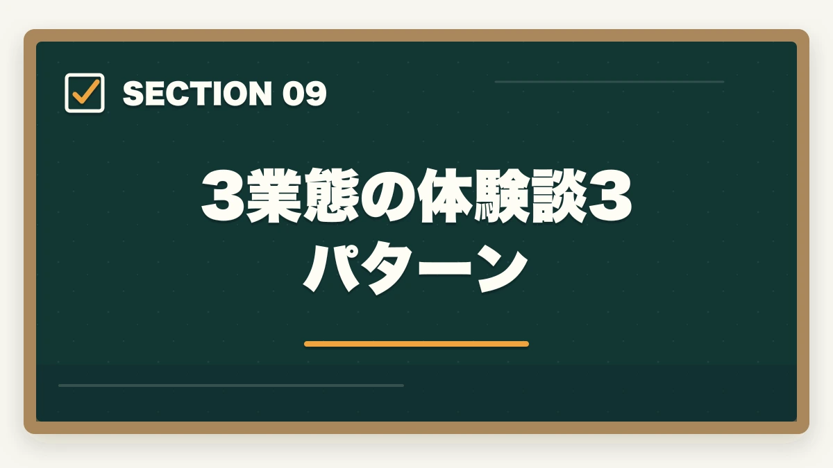 3業態の体験談3パターン｜ケアマネジャーの3業態徹底比較|居宅・施設・地域包括の年収と働き方の違いの図解