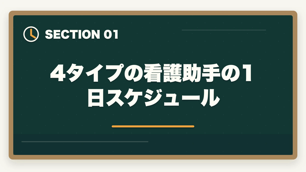 4タイプの看護助手の1日スケジュール｜看護助手の病棟タイプ別求人ガイド|急性期・療養型・精神科・小児科の違いを徹底解説の図解