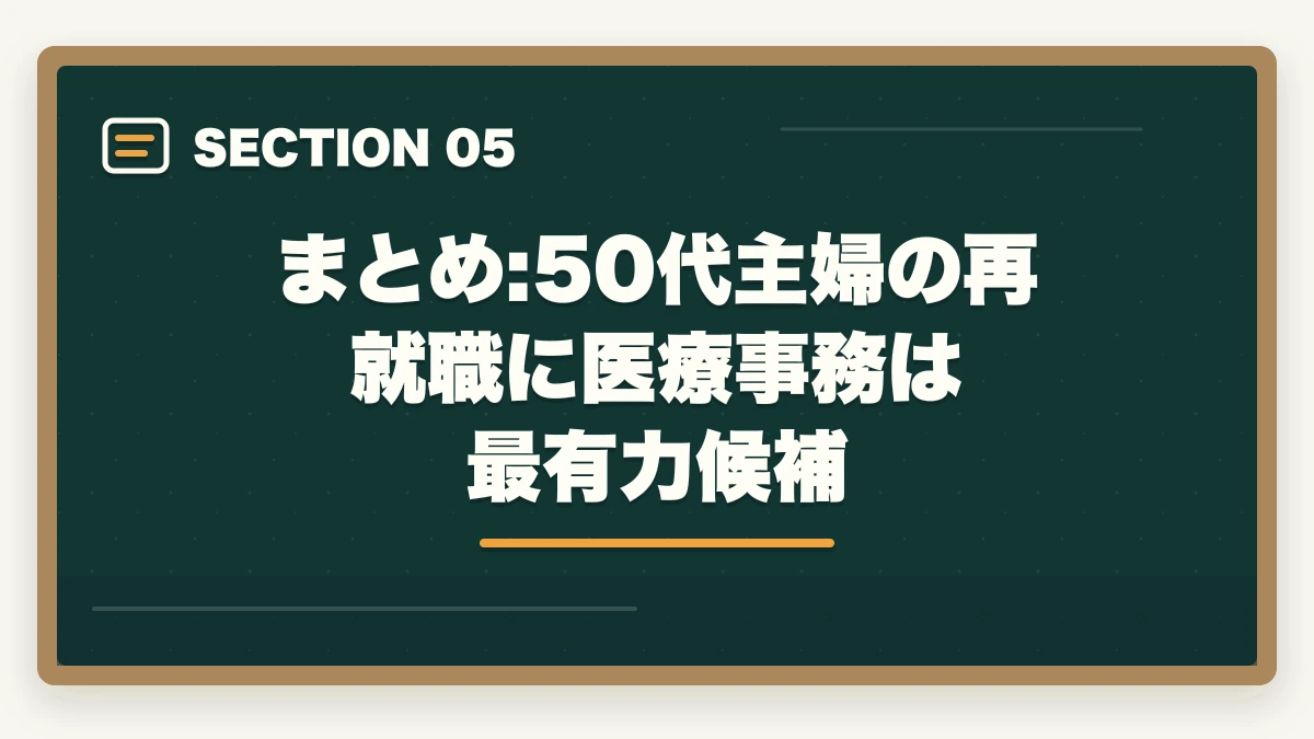 まとめ:50代主婦の再就職に医療事務は最有力候補｜50代主婦の再就職に医療事務|ブランクOK・地域密着で長く働く完全ロードマップの図解