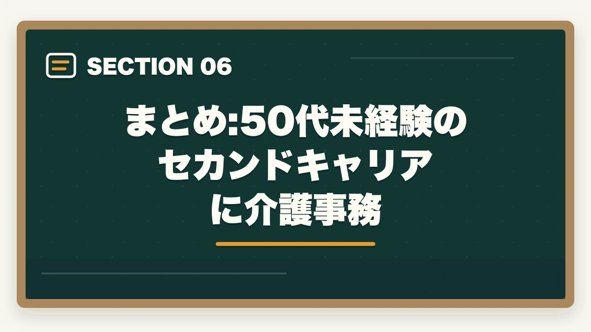 まとめ:50代未経験のセカンドキャリアに介護事務｜50代未経験の再就職に介護事務|資格取得から就職まで完全ロードマップの図解