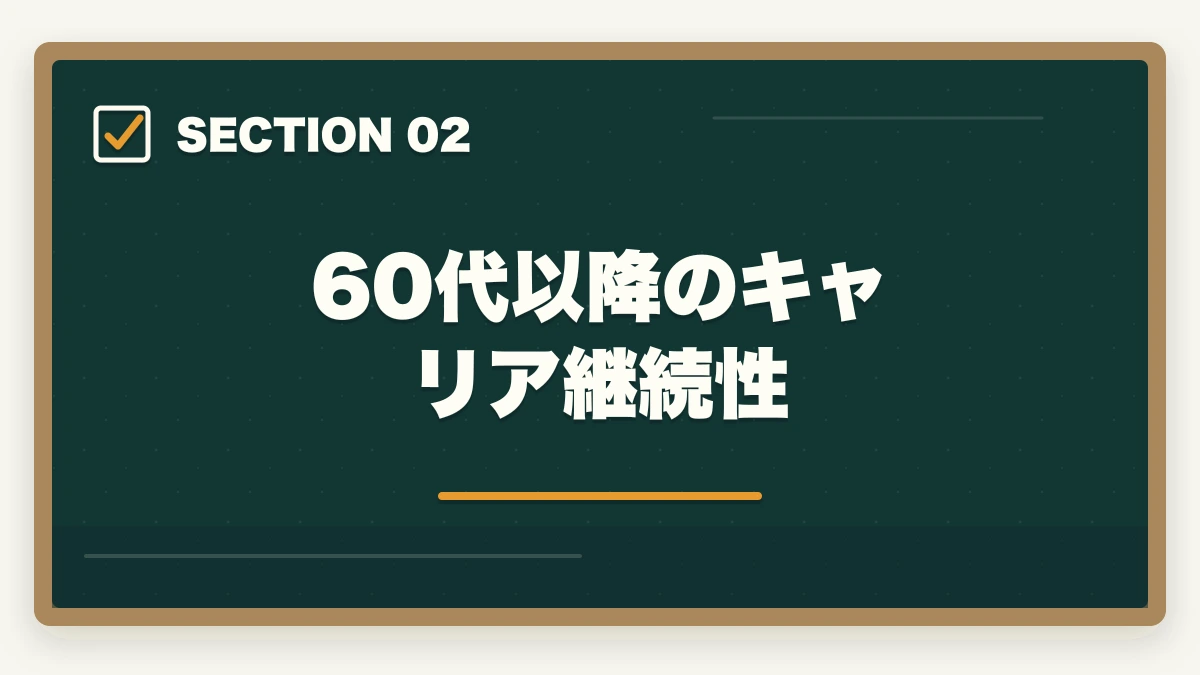 60代以降のキャリア継続性｜50代未経験の再就職に調剤薬局事務|主婦が安定収入を得る完全ロードマップの図解