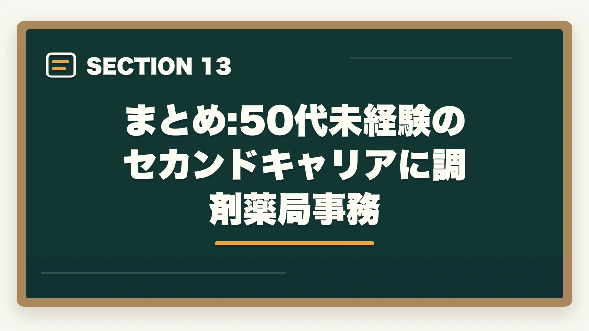 まとめ:50代未経験のセカンドキャリアに調剤薬局事務｜50代未経験の再就職に調剤薬局事務|主婦が安定収入を得る完全ロードマップの図解