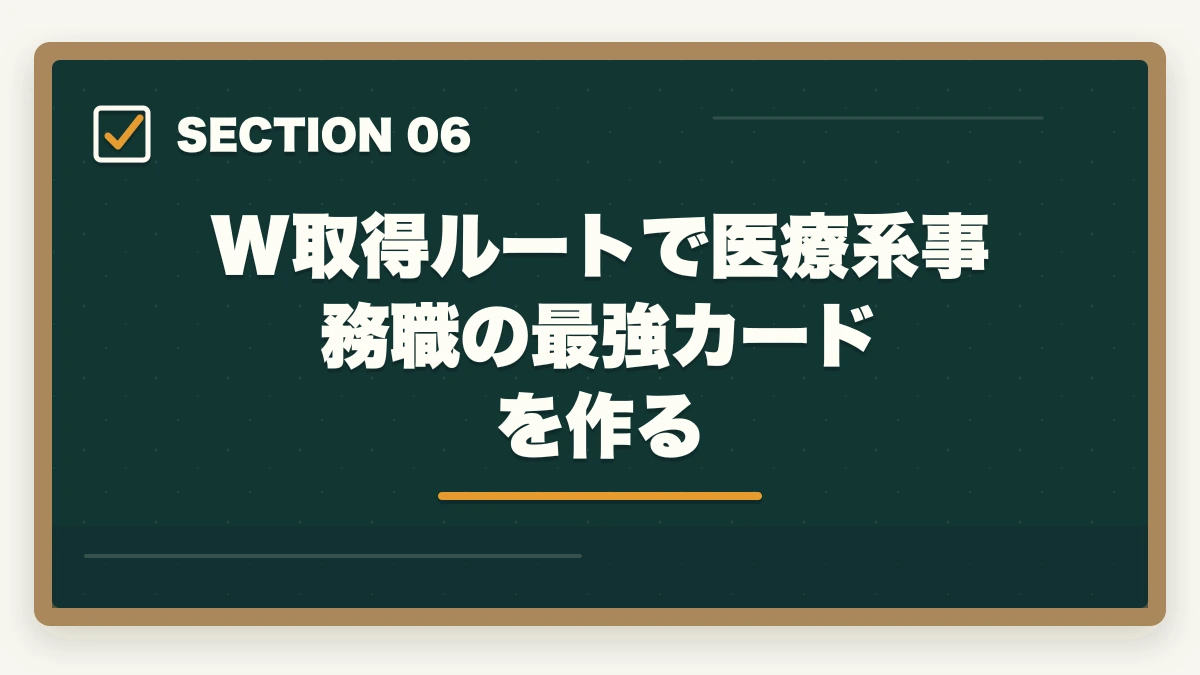 W取得ルートで医療系事務職の最強カードを作る｜調剤薬局事務と医療事務の違いは?勤務先・年収・難易度の徹底比較ガイドの図解