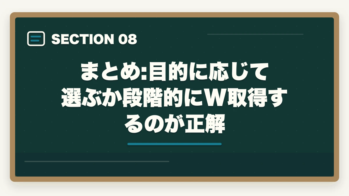 まとめ:目的に応じて選ぶか段階的にW取得するのが正解｜調剤薬局事務と医療事務の違いは?勤務先・年収・難易度の徹底比較ガイドの図解