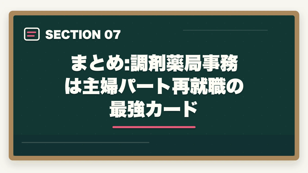 まとめ:調剤薬局事務は主婦パート再就職の最強カード｜調剤薬局事務の主婦パートは時給いくら?40〜50代再就職のコツと体験談の図解