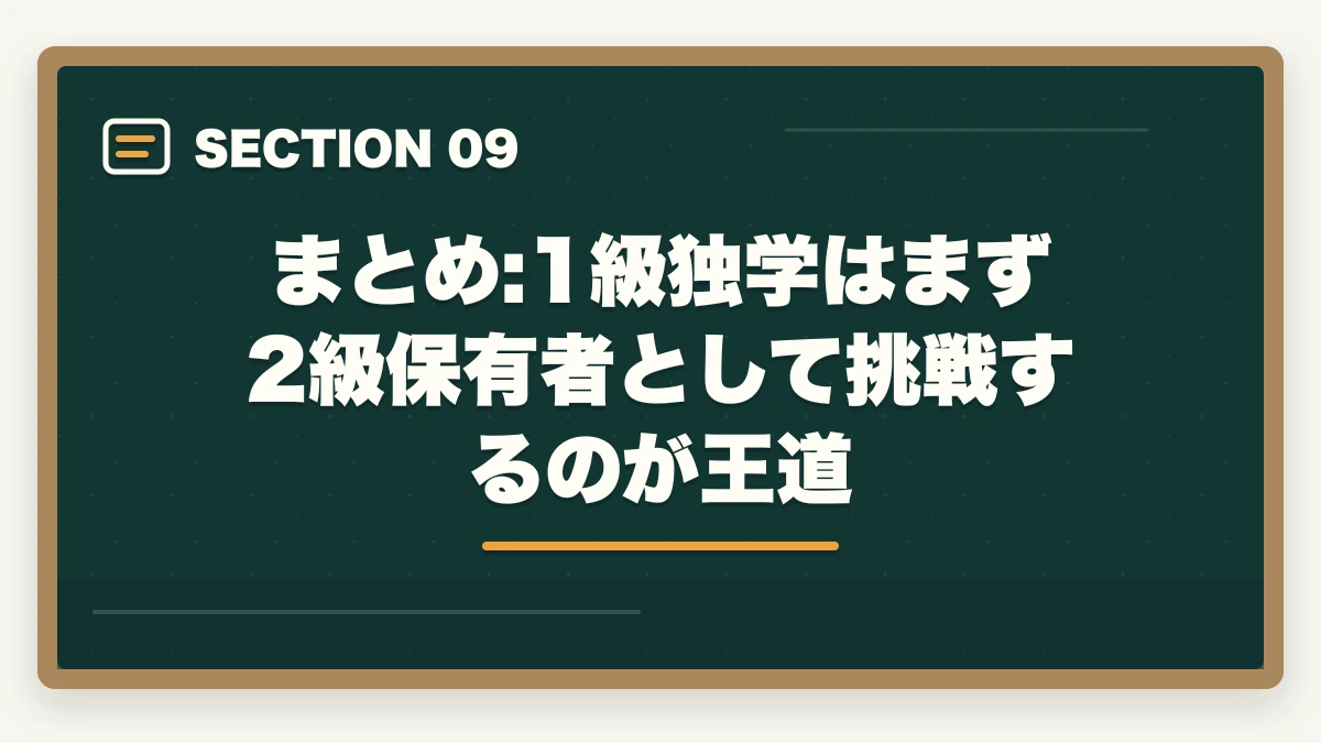 まとめ:1級独学はまず2級保有者として挑戦するのが王道｜福祉住環境コーディネーター1級は独学合格できる?勉強時間と論述対策完全ガイドの図解
