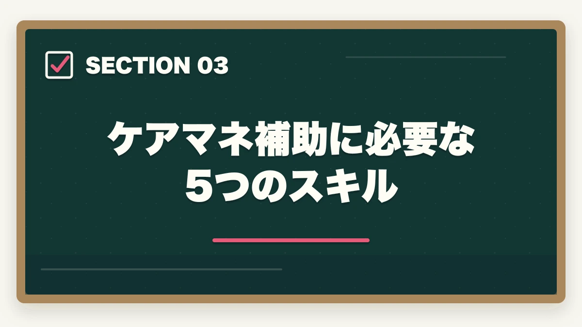 ケアマネ補助に必要な5つのスキル｜介護事務のケアマネ補助業務とは?5つの主要業務と1日の流れを徹底解説の図解