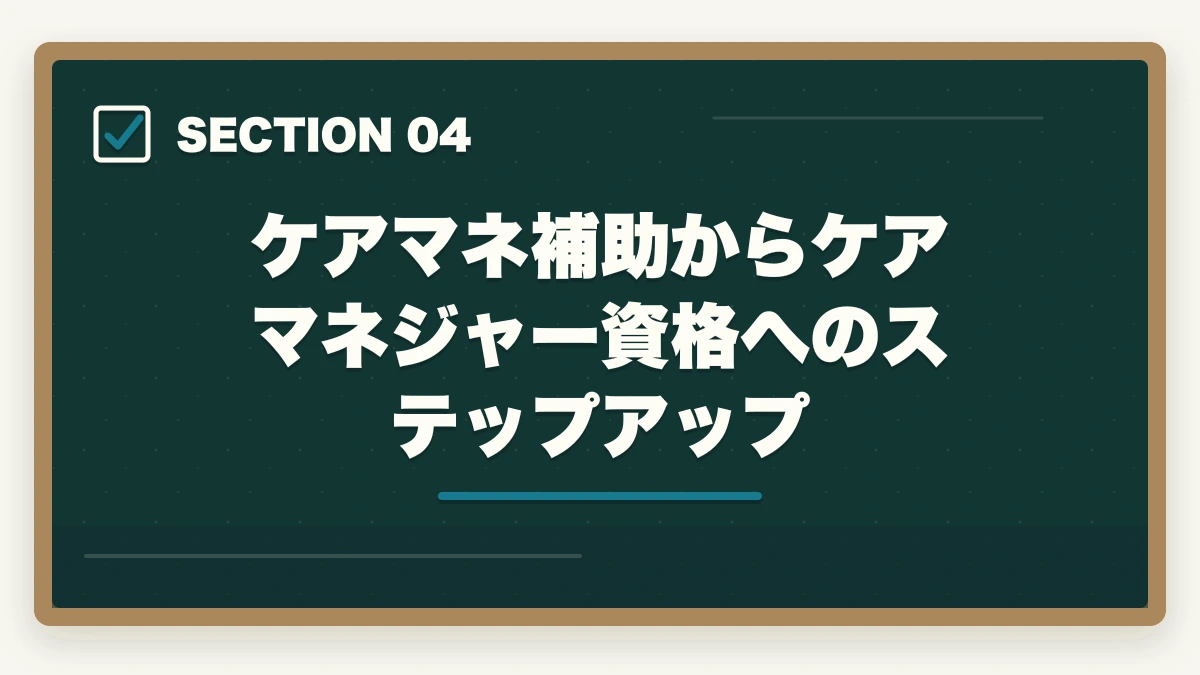 ケアマネ補助からケアマネジャー資格へのステップアップ｜介護事務のケアマネ補助業務とは?5つの主要業務と1日の流れを徹底解説の図解