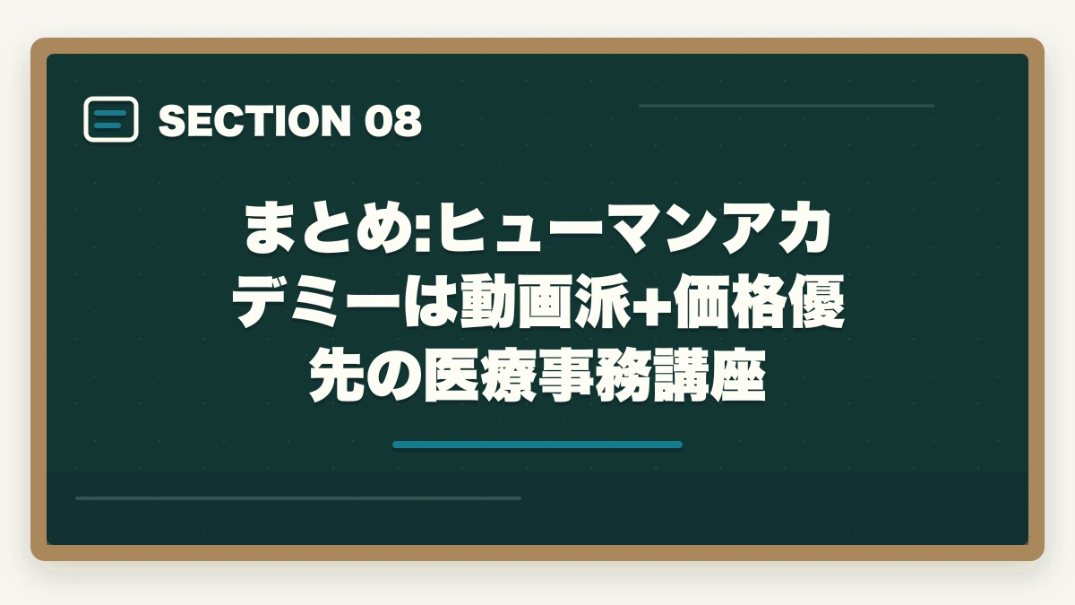 まとめ:ヒューマンアカデミーは動画派+価格優先の医療事務講座｜ヒューマンアカデミー医療事務講座の評判は?スマホ完結+動画授業のリアルレビューの図解