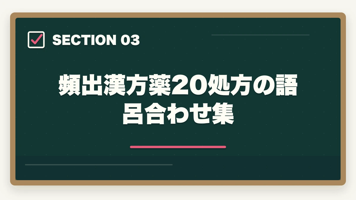 頻出漢方薬20処方の語呂合わせ集｜登録販売者試験の漢方薬は分類+語呂合わせで克服|頻出20処方の効率学習法の図解