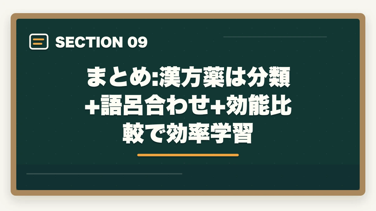 まとめ:漢方薬は分類+語呂合わせ+効能比較で効率学習｜登録販売者試験の漢方薬は分類+語呂合わせで克服|頻出20処方の効率学習法の図解