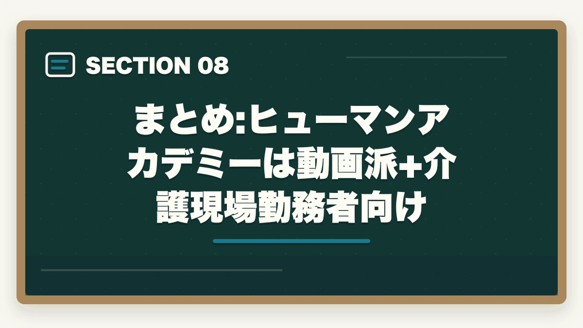 まとめ:ヒューマンアカデミーは動画派+介護現場勤務者向け｜ヒューマンアカデミーケアマネ講座の評判は?スマホ完結+動画授業の4社比較の図解