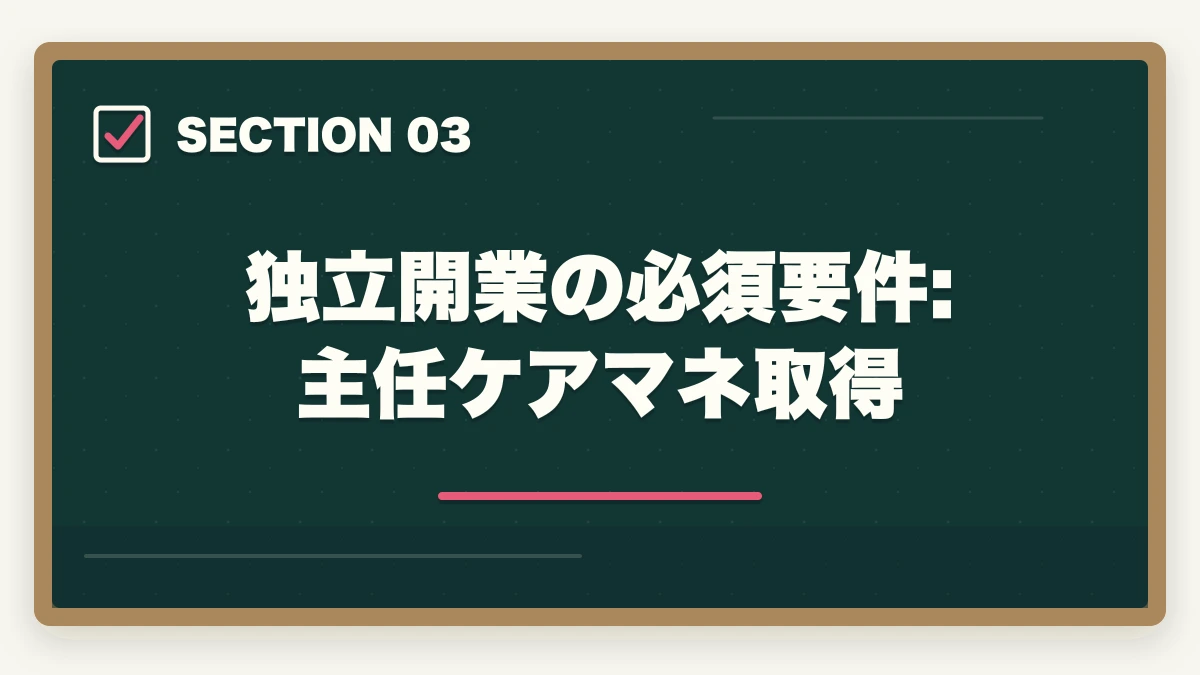 独立開業の必須要件: 主任ケアマネ取得｜ケアマネジャーの独立開業は可能?居宅介護支援事業所立ち上げで年収700-1000万円の図解